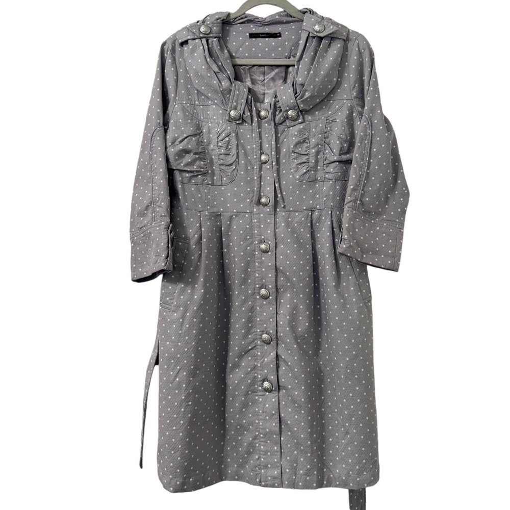 Anthropologie Azel Hazel Polka Dot Trench Coat Medium Gray Retro Twee Preppy‎